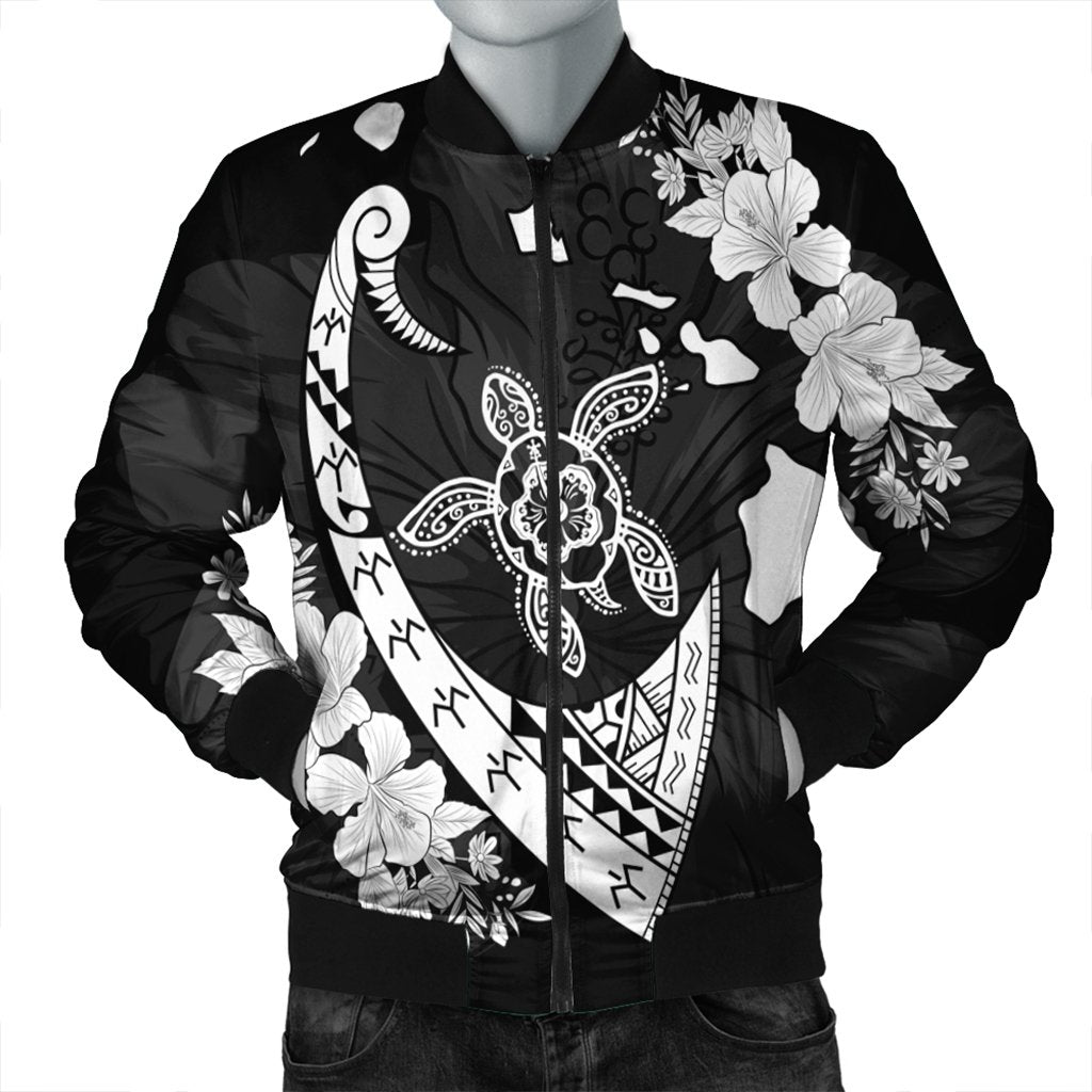 Hawaiian Map Hibiscus Turtle Fish Hook Polynesian Bomber Jacket - AH Black Unisex - Polynesian Pride
