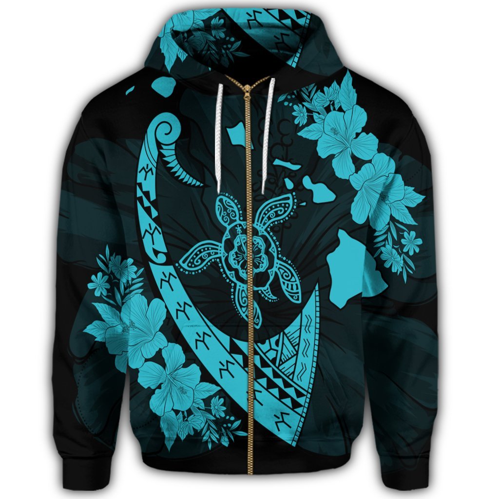 Hawaiian Map Hibiscus Turtle Fish Hook Polynesian Zip Hoodie Blue - Polynesian Pride