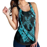 Hawaiian Map Hibiscus Turtle Fish Hook Polynesian Racerback Tank Blue - AH - Polynesian Pride