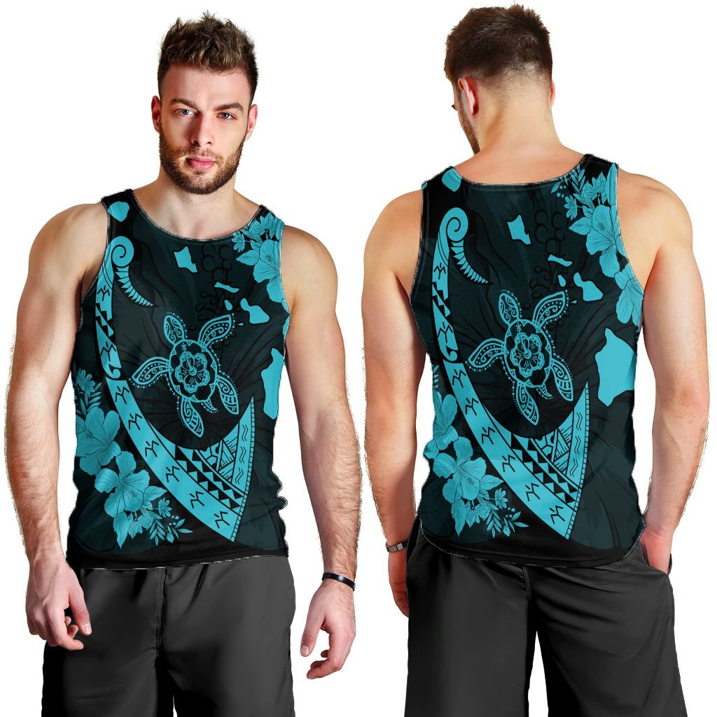 Hawaiian Map Hibiscus Turtle Fish Hook Polynesian Tank Top Blue - AH - Polynesian Pride