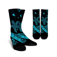 Hawaiian Map Hibiscus Turtle Fish Hook Polynesian Crew Socks Blue - AH Crew Socks White - Polynesian Pride
