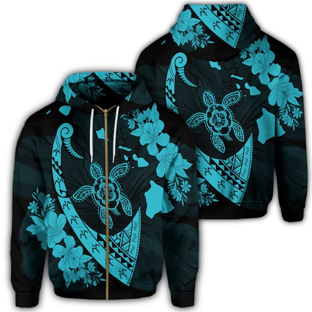 Hawaiian Map Hibiscus Turtle Fish Hook Polynesian Zip Hoodie Blue Unisex Art - Polynesian Pride