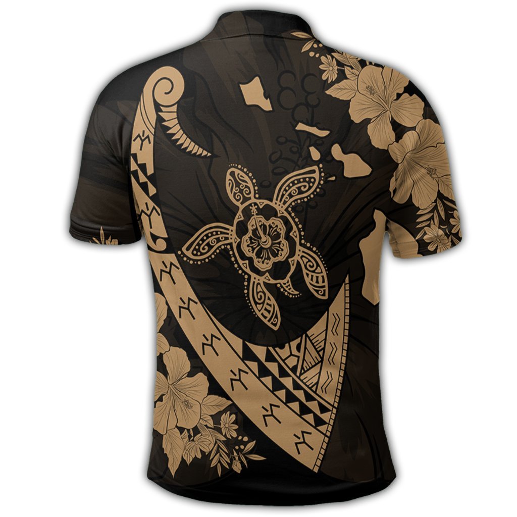 Hawaiian Map Hibiscus Turtle Fish Hook Polynesian Polo Shirt Gold - Polynesian Pride
