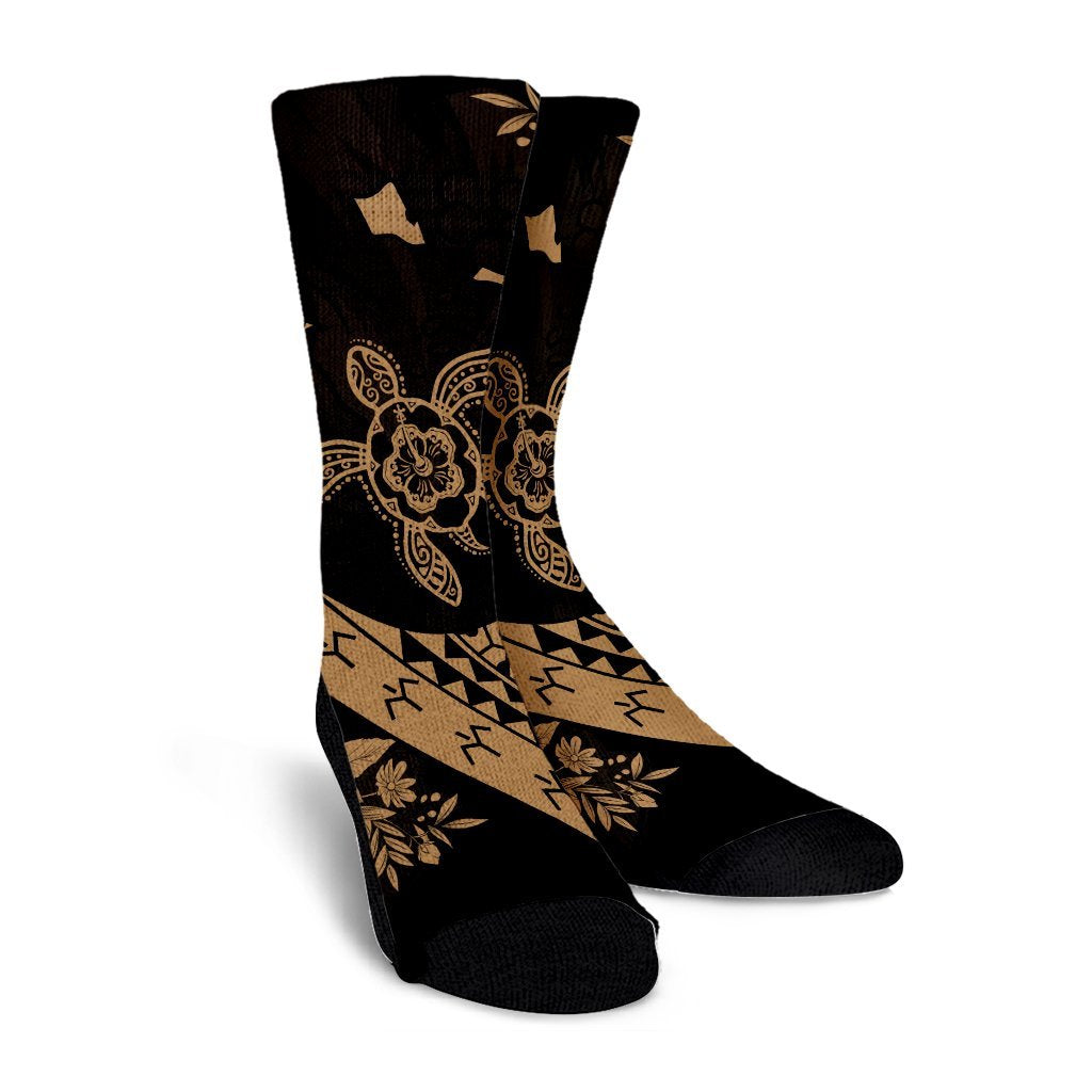Hawaiian Map Hibiscus Turtle Fish Hook Polynesian Crew Socks Gold - AH - Polynesian Pride
