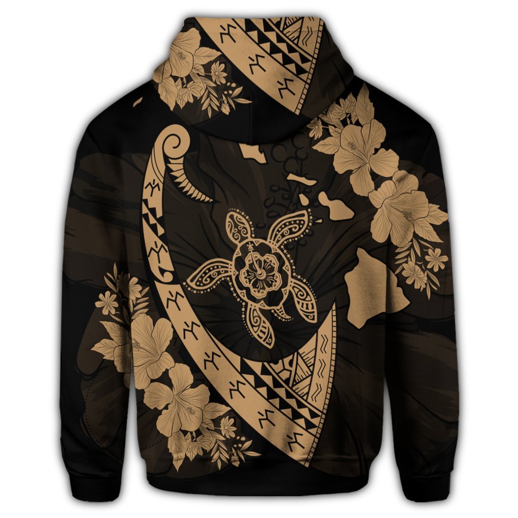 Hawaiian Map Hibiscus Turtle Fish Hook Polynesian Zip Hoodie Gold - Polynesian Pride