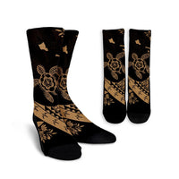 Hawaiian Map Hibiscus Turtle Fish Hook Polynesian Crew Socks Gold - AH Crew Socks White - Polynesian Pride