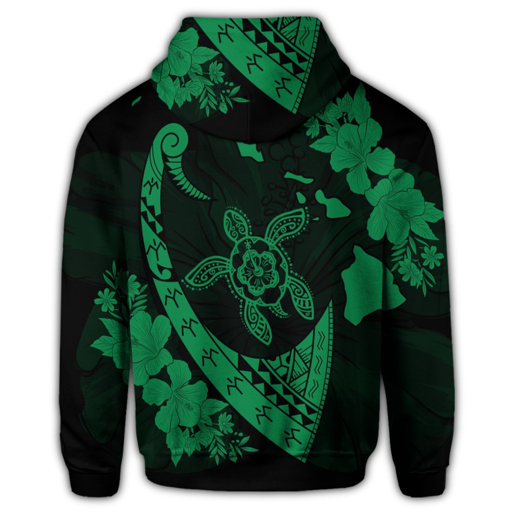 Hawaiian Map Hibiscus Turtle Fish Hook Polynesian Zip Hoodie Green - Polynesian Pride