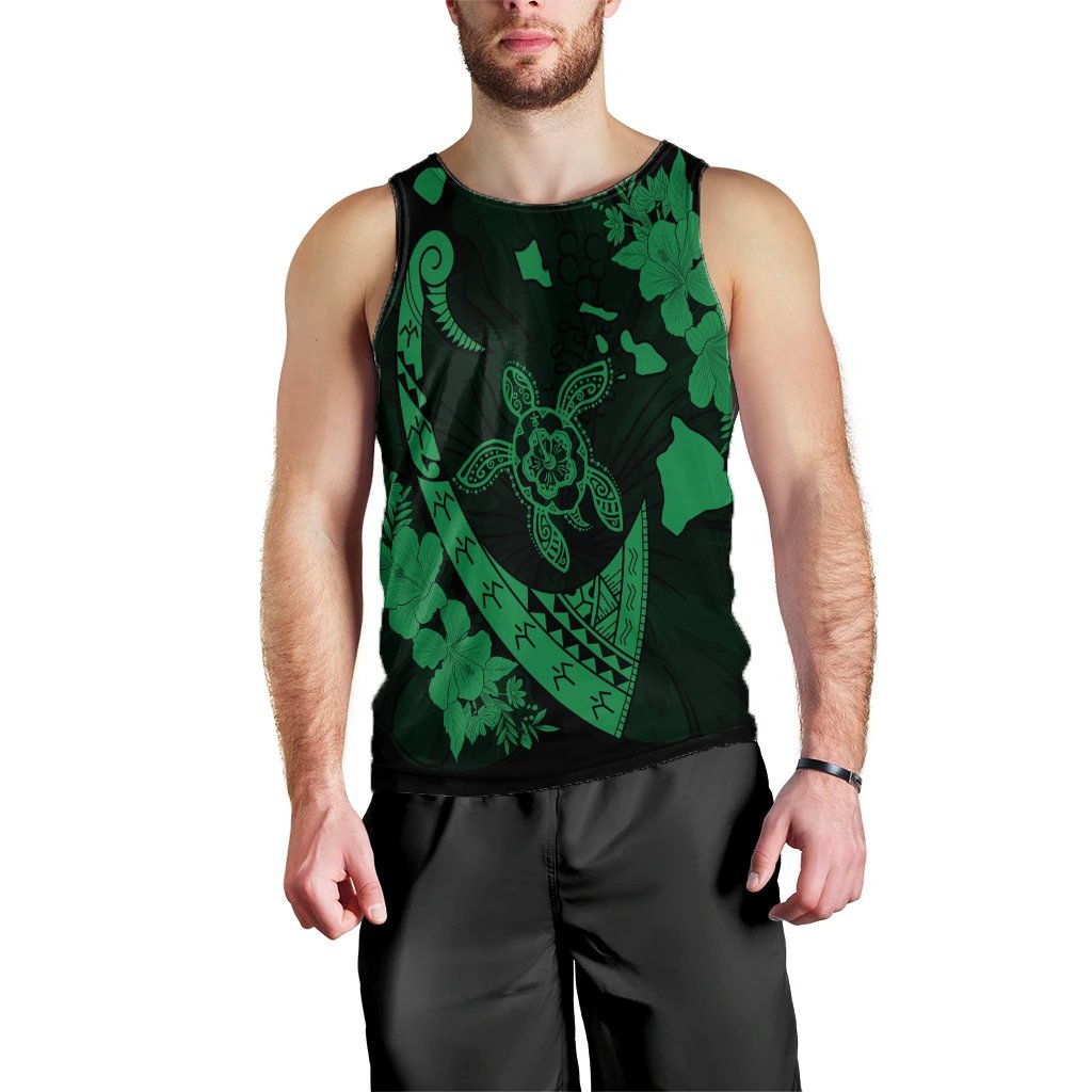 Hawaiian Map Hibiscus Turtle Fish Hook Polynesian Tank Top Green - AH Black - Polynesian Pride