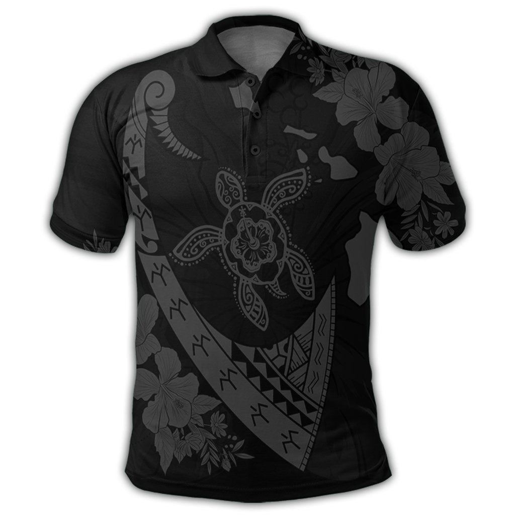 Hawaiian Map Hibiscus Turtle Fish Hook Polynesian Polo Shirt Grey - Polynesian Pride