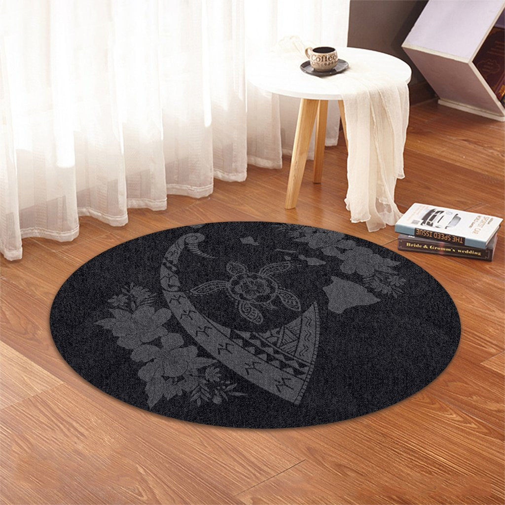 Hawaiian Map Hibiscus Turtle Fish Hook Polynesian Round Carpet Grey - AH - Polynesian Pride