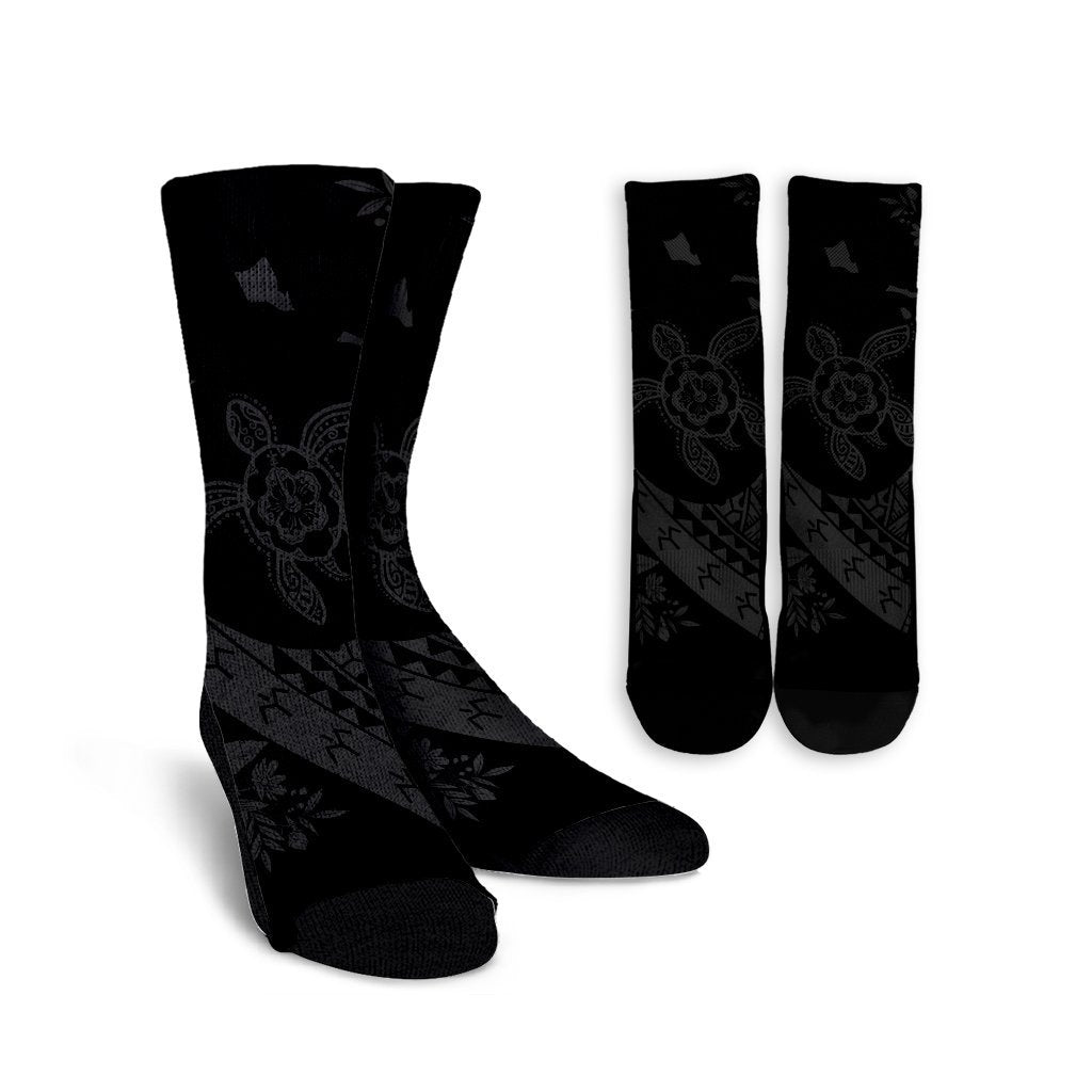 Hawaiian Map Hibiscus Turtle Fish Hook Polynesian Crew Socks Grey - AH Crew Socks White - Polynesian Pride
