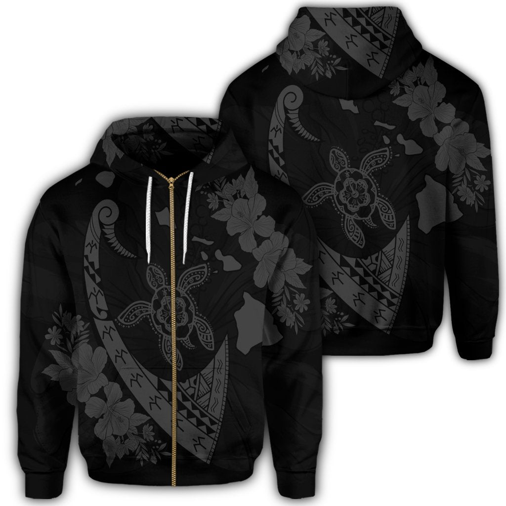 Hawaiian Map Hibiscus Turtle Fish Hook Polynesian Zip Hoodie Grey Unisex Art - Polynesian Pride
