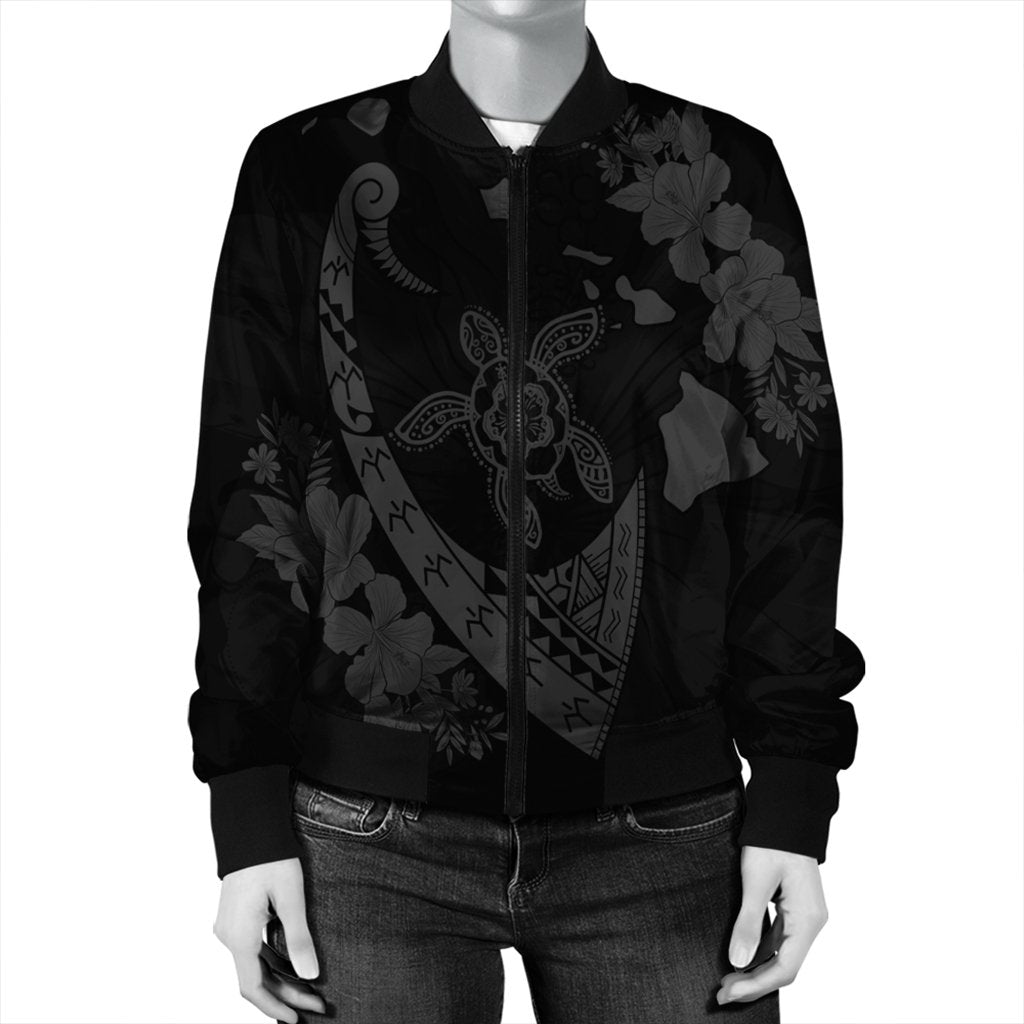 Hawaiian Map Hibiscus Turtle Fish Hook Polynesian Bomber Jacket Grey - AH - Polynesian Pride