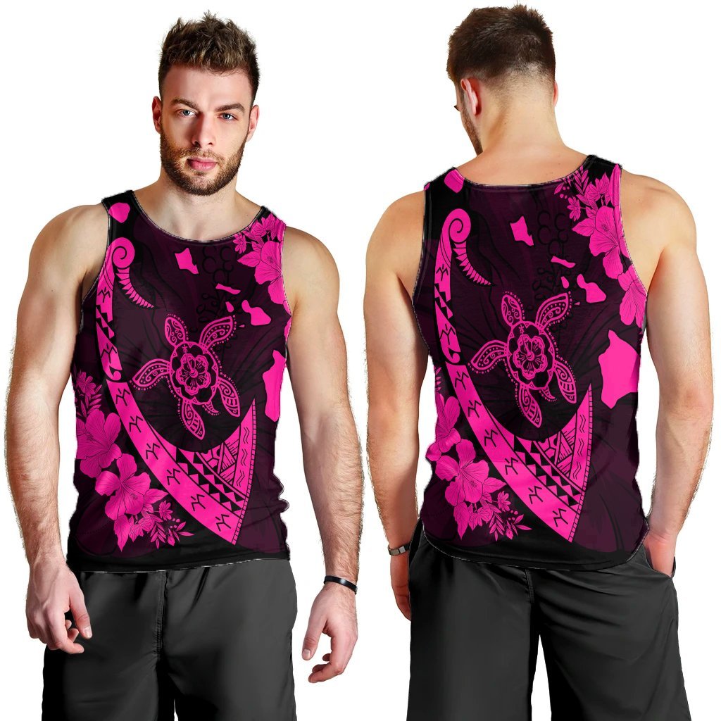 Hawaiian Map Hibiscus Turtle Fish Hook Polynesian Tank Top Pink - AH - Polynesian Pride