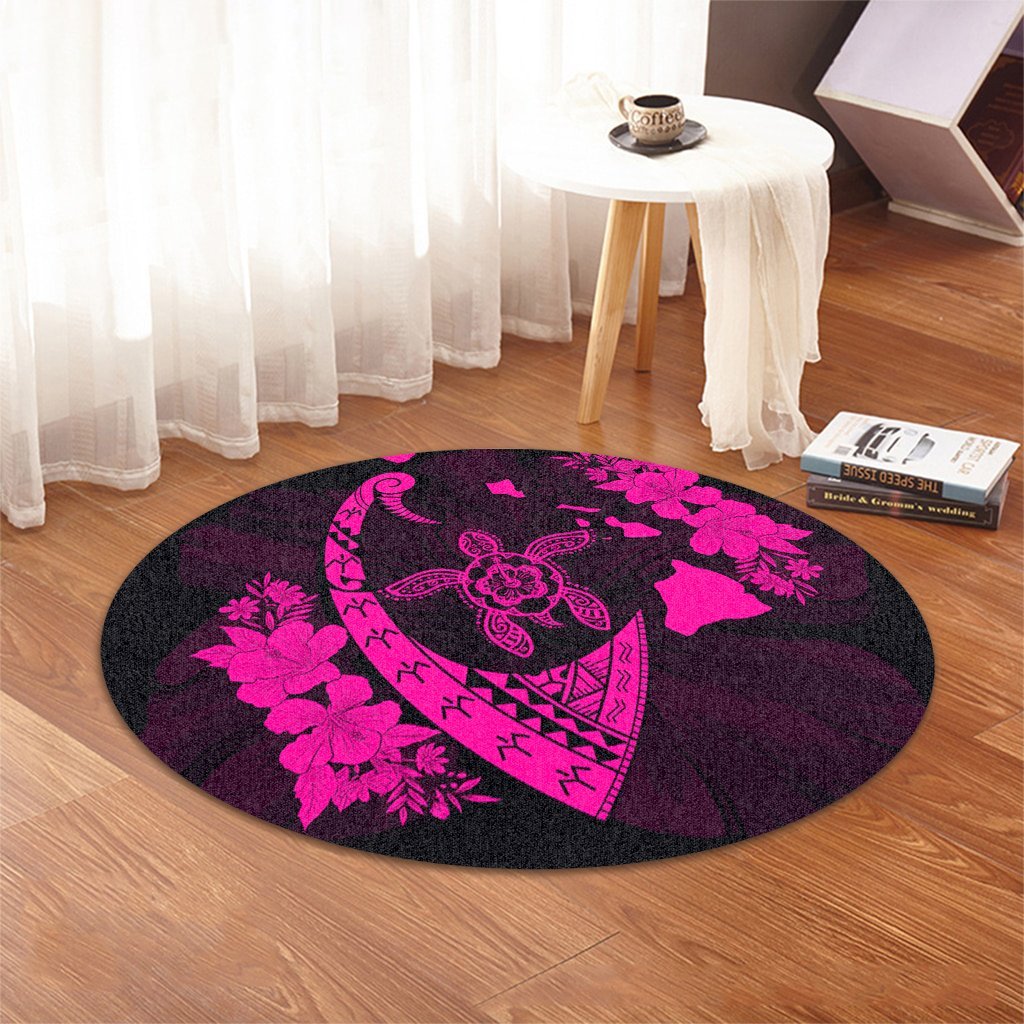 Hawaiian Map Hibiscus Turtle Fish Hook Polynesian Round Carpet Pink - AH - Polynesian Pride