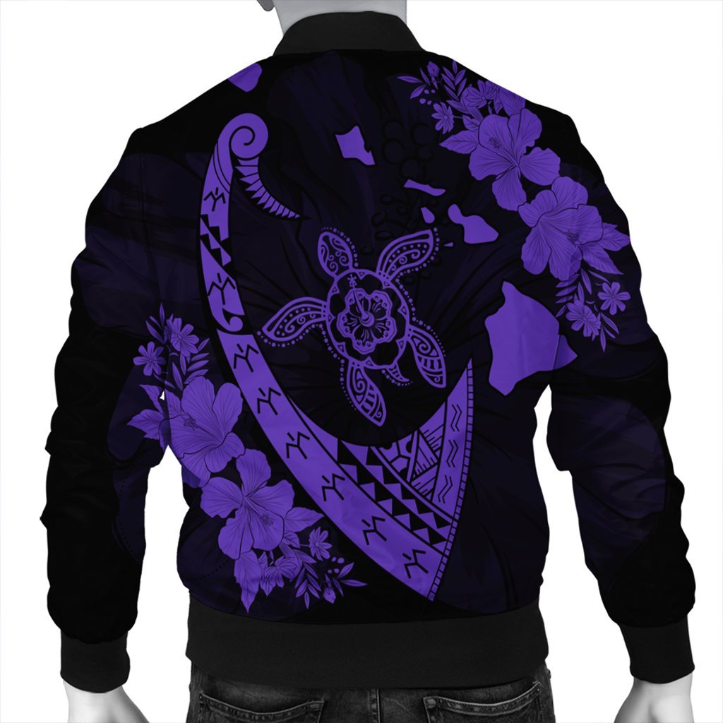 Hawaiian Map Hibiscus Turtle Fish Hook Polynesian Bomber Jacket Purple - AH - Polynesian Pride