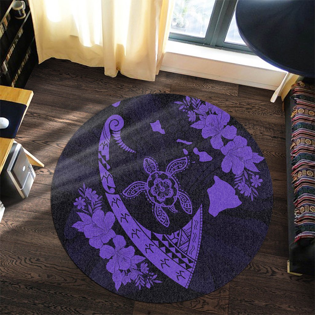 Hawaiian Map Hibiscus Turtle Fish Hook Polynesian Round Carpet Purple - AH - Polynesian Pride