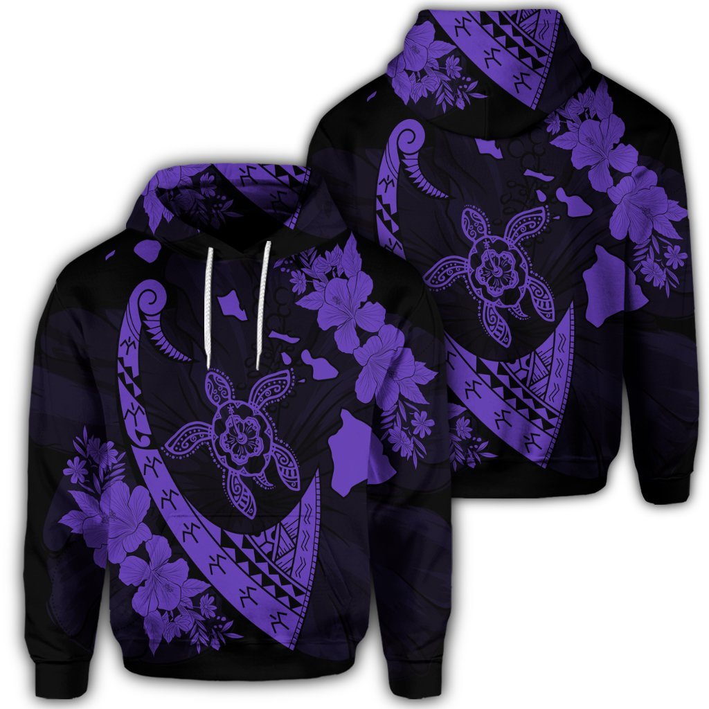 Hawaiian Map Hibiscus Turtle Fish Hook Polynesian Hoodie Purple Unisex Art - Polynesian Pride