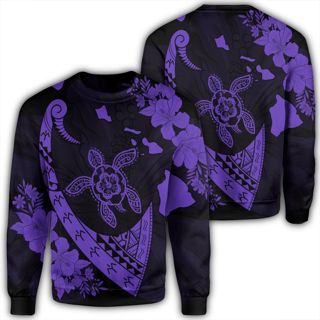 Hawaiian Map Hibiscus Turtle Fish Hook Polynesian Sweatshirt Purple - AH Unisex Black - Polynesian Pride