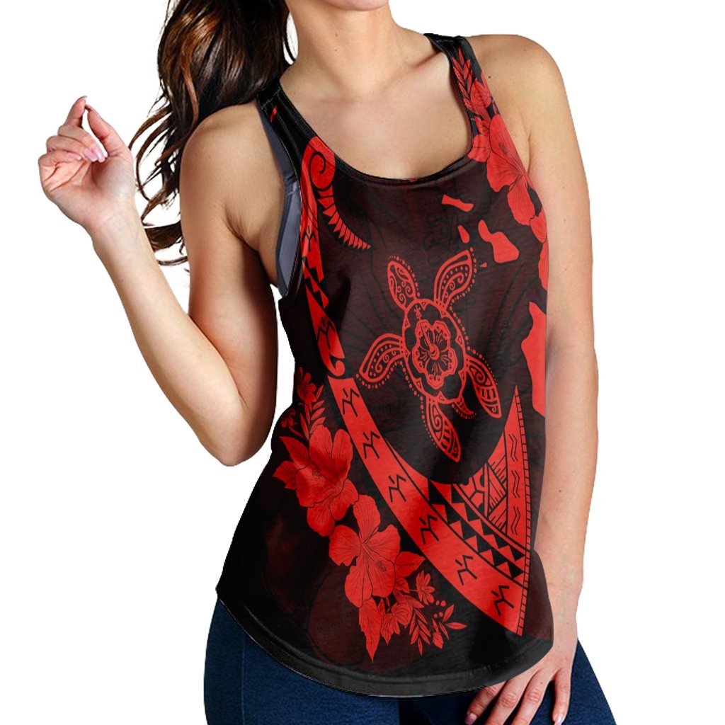 Hawaiian Map Hibiscus Turtle Fish Hook Polynesian Racerback Tank Red - AH - Polynesian Pride