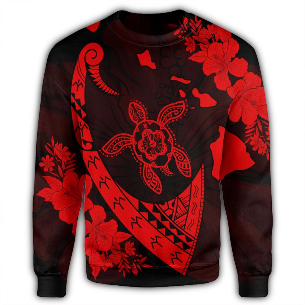 Hawaiian Map Hibiscus Turtle Fish Hook Polynesian Sweatshirt Red - AH - Polynesian Pride