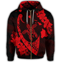 Hawaiian Map Hibiscus Turtle Fish Hook Polynesian Zip Hoodie Red - Polynesian Pride