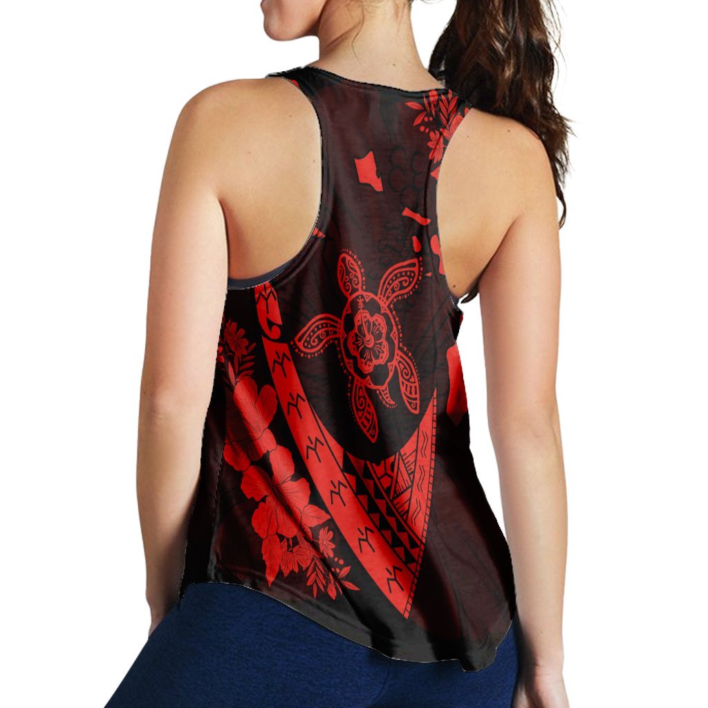Hawaiian Map Hibiscus Turtle Fish Hook Polynesian Racerback Tank Red - AH - Polynesian Pride