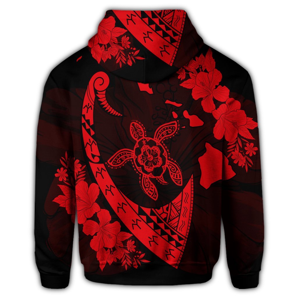 Hawaiian Map Hibiscus Turtle Fish Hook Polynesian Zip Hoodie Red - Polynesian Pride