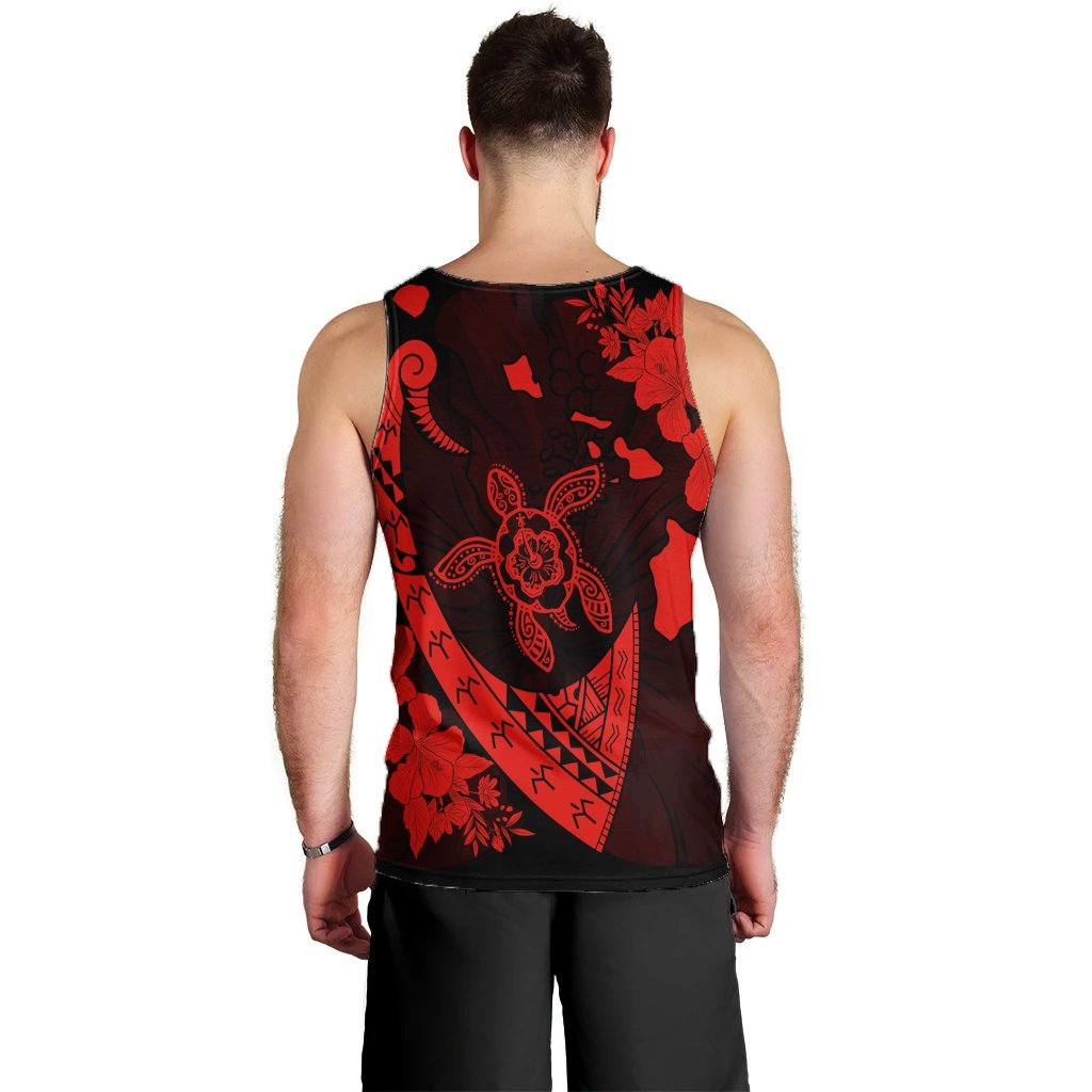 Hawaiian Map Hibiscus Turtle Fish Hook Polynesian Tank Top Red - AH - Polynesian Pride