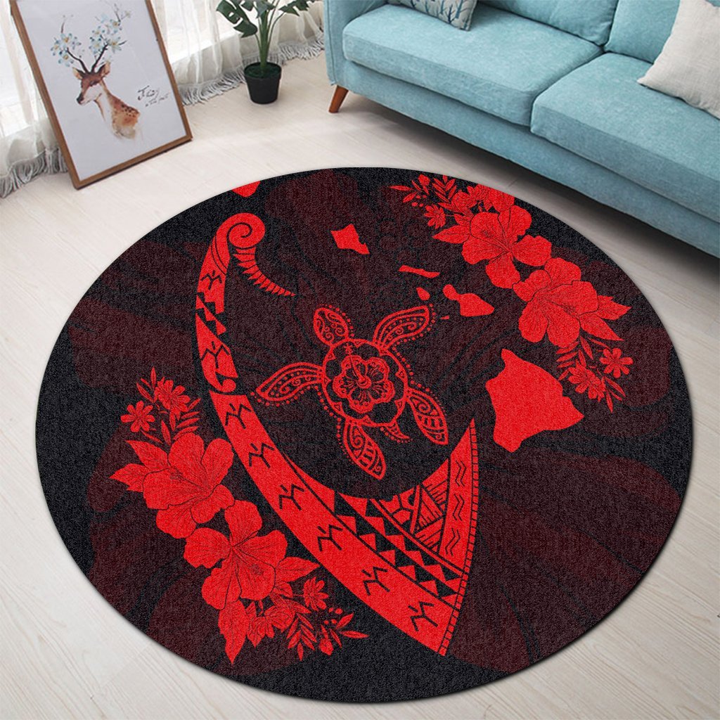 Hawaiian Map Hibiscus Turtle Fish Hook Polynesian Round Carpet Red - AH - Polynesian Pride