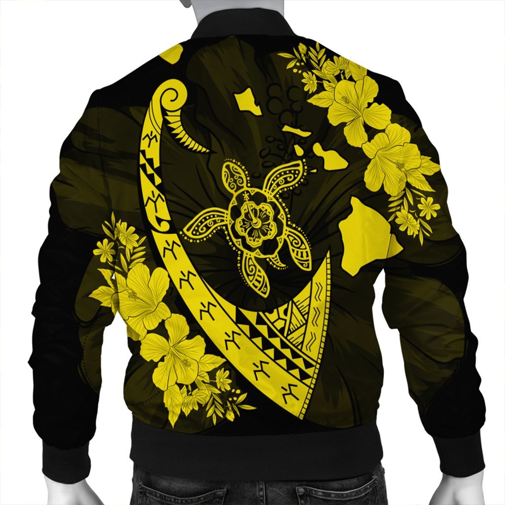 Hawaiian Map Hibiscus Turtle Fish Hook Polynesian Bomber Jacket Yellow - AH - Polynesian Pride
