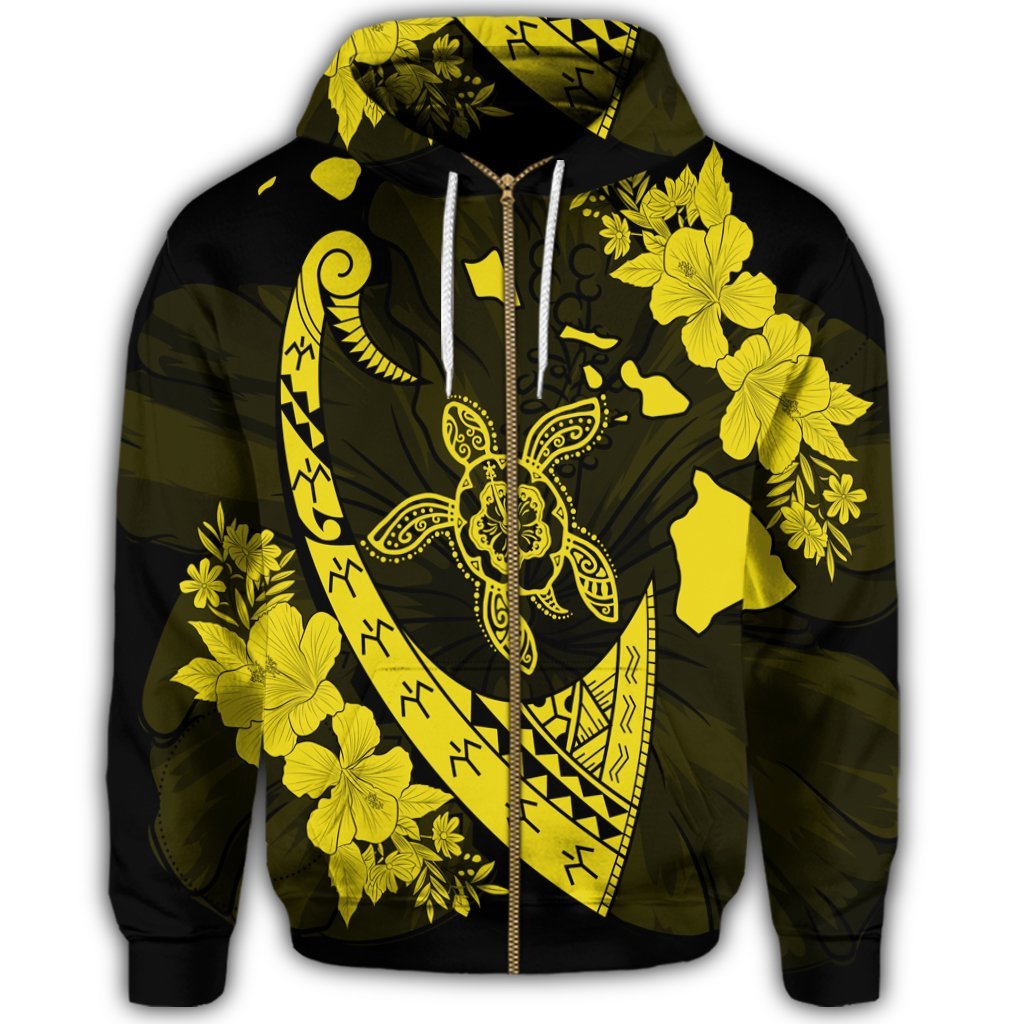 Hawaiian Map Hibiscus Turtle Fish Hook Polynesian Zip Hoodie Yellow - Polynesian Pride