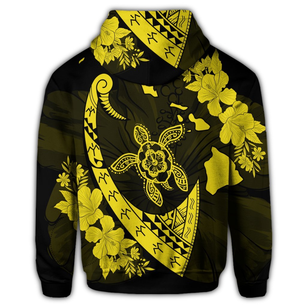 Hawaiian Map Hibiscus Turtle Fish Hook Polynesian Zip Hoodie Yellow - Polynesian Pride