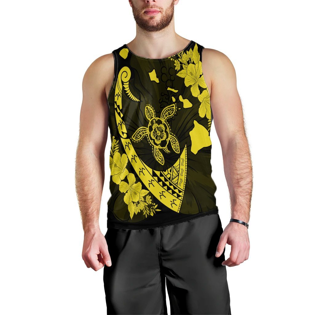 Hawaiian Map Hibiscus Turtle Fish Hook Polynesian Tank Top Yellow - AH Black - Polynesian Pride