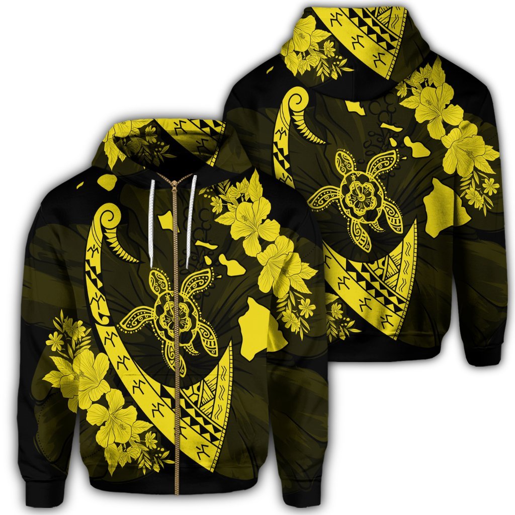 Hawaiian Map Hibiscus Turtle Fish Hook Polynesian Zip Hoodie Yellow Unisex Art - Polynesian Pride