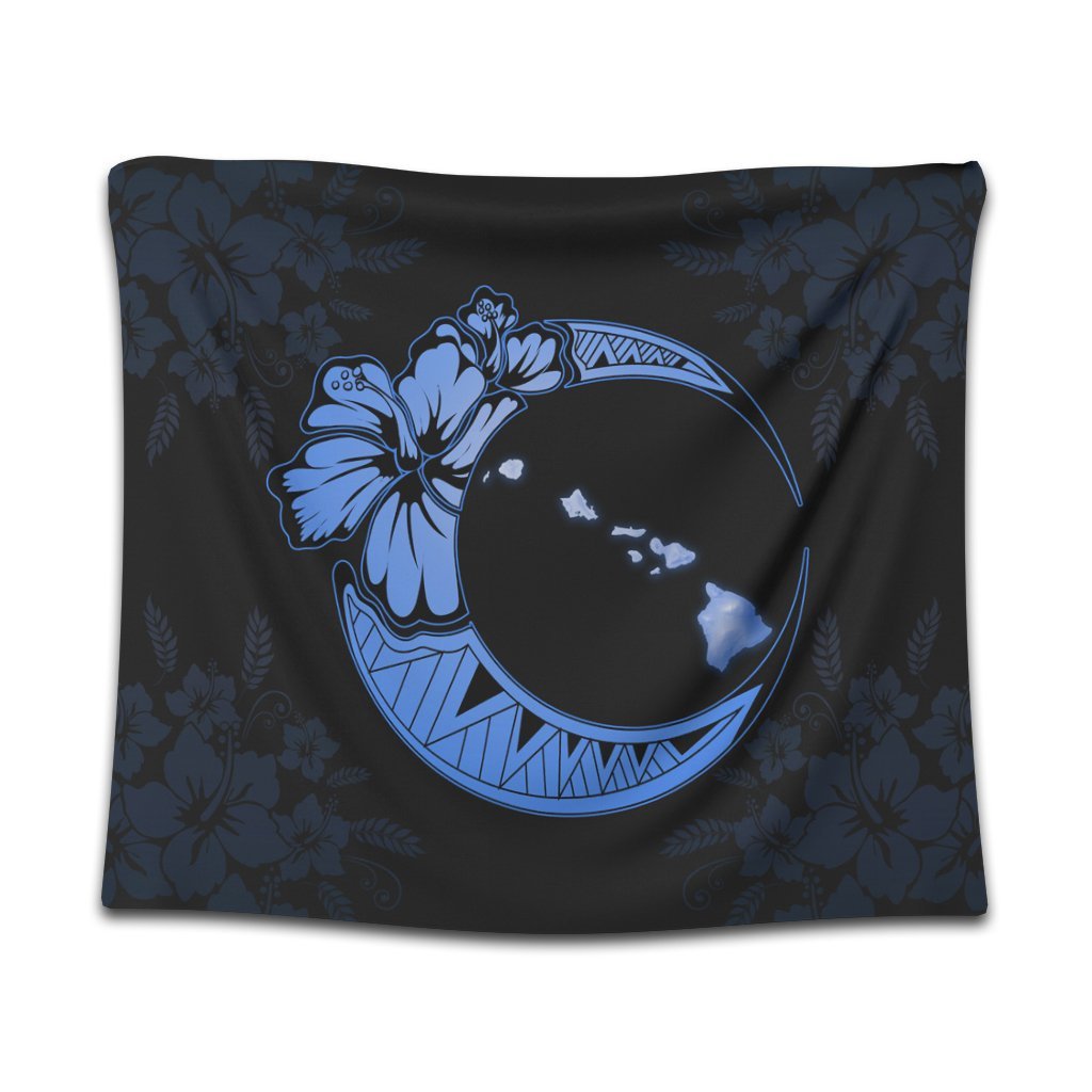 Hawaiian Map Hibiscus Turtle Polynesian Moon Tapestry Blue - AH Wall Tapestry Black - Polynesian Pride
