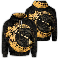 Hawaiian Map Hibiscus Turtle Polynesian Moon Zip Hoodie Gold Unisex Art - Polynesian Pride