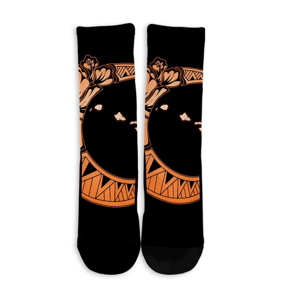 Hawaiian Map Hibiscus Turtle Polynesian Moon Crew Socks Orange - AH - Polynesian Pride
