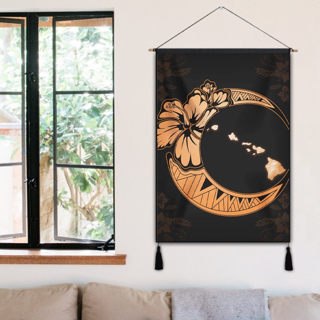 Hawaiian Map Hibiscus Turtle Polynesian Moon Hanging Poster Orange - AH - Polynesian Pride