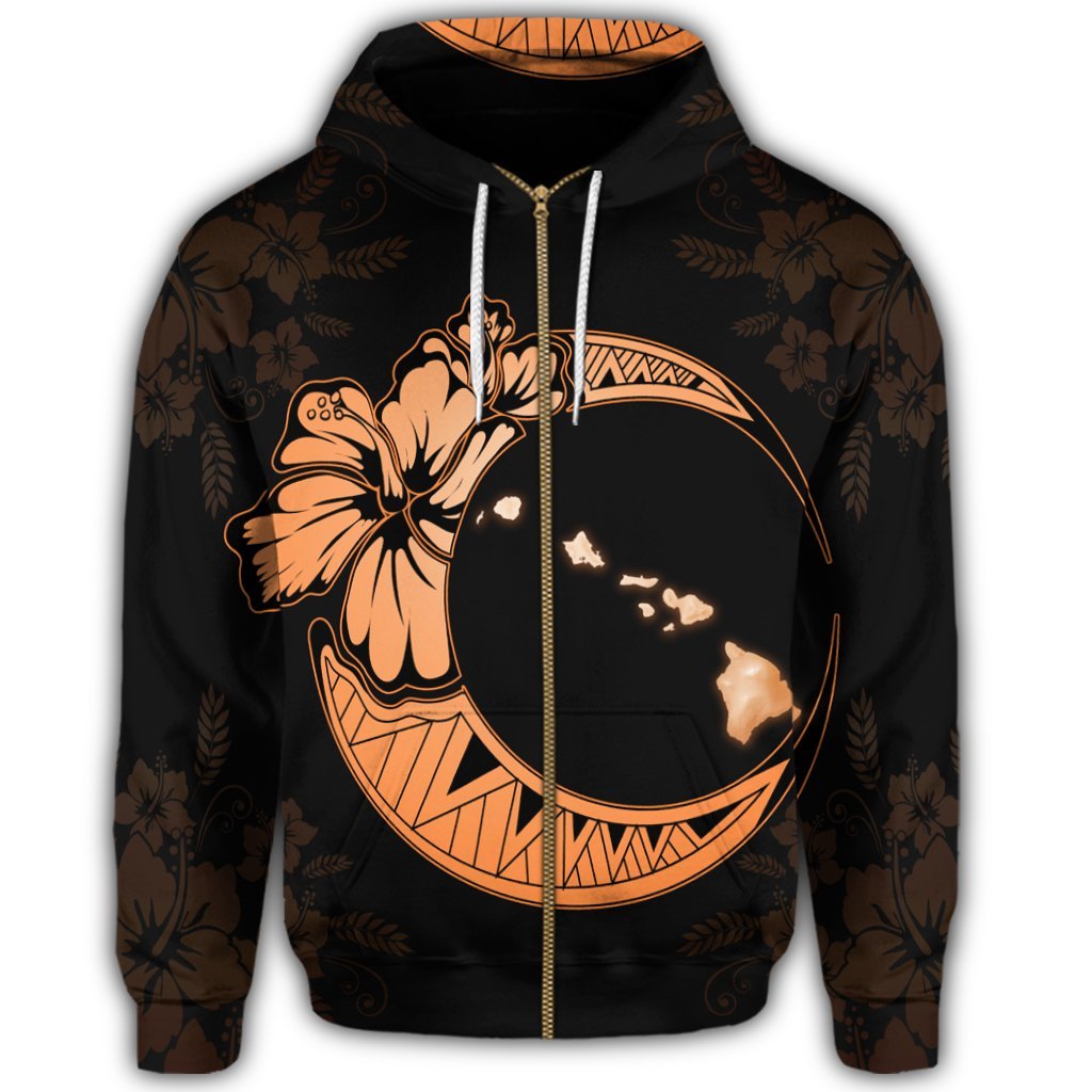 Hawaiian Map Hibiscus Turtle Polynesian Moon Zip Hoodie Orange - Polynesian Pride