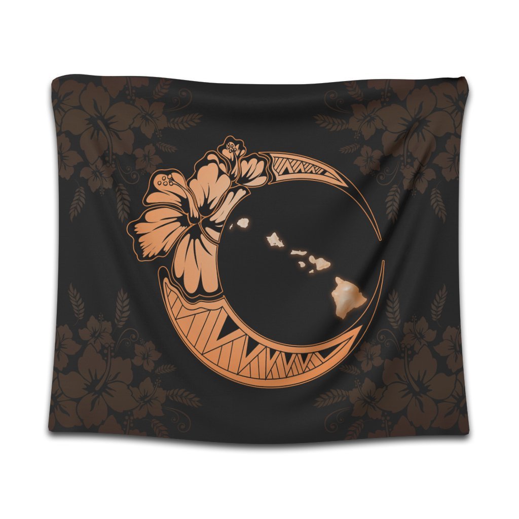 Hawaiian Map Hibiscus Turtle Polynesian Moon Tapestry Orange - AH Wall Tapestry Black - Polynesian Pride
