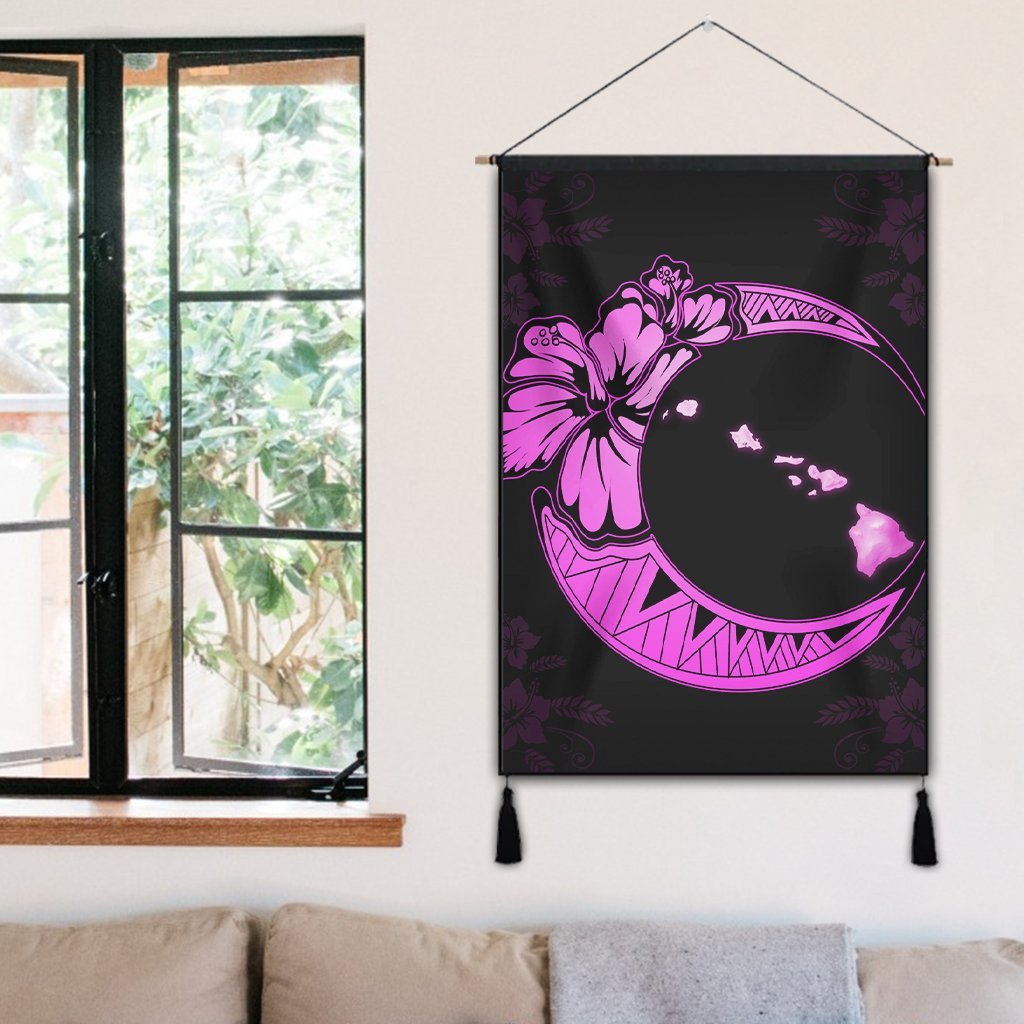 Hawaiian Map Hibiscus Turtle Polynesian Moon Hanging Poster Pink - AH - Polynesian Pride