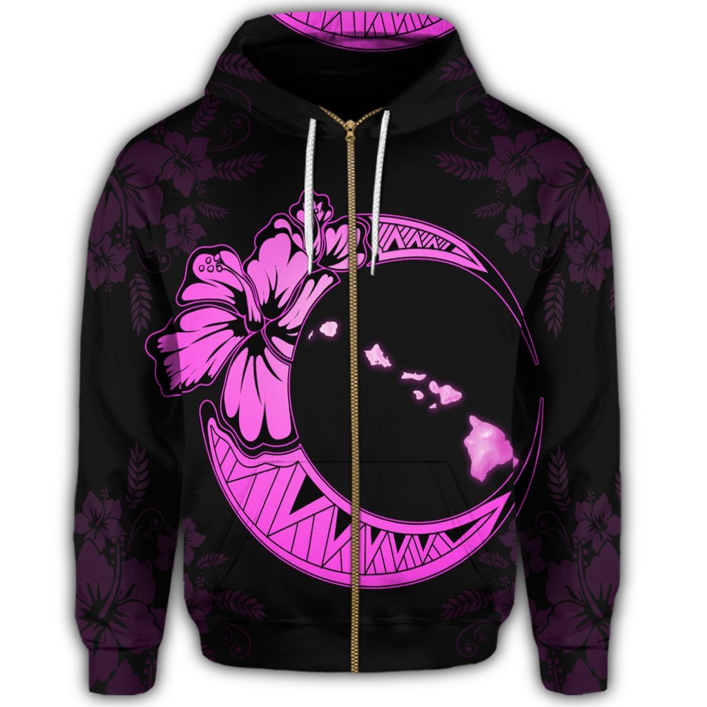 Hawaiian Map Hibiscus Turtle Polynesian Moon Zip Hoodie Pink - Polynesian Pride