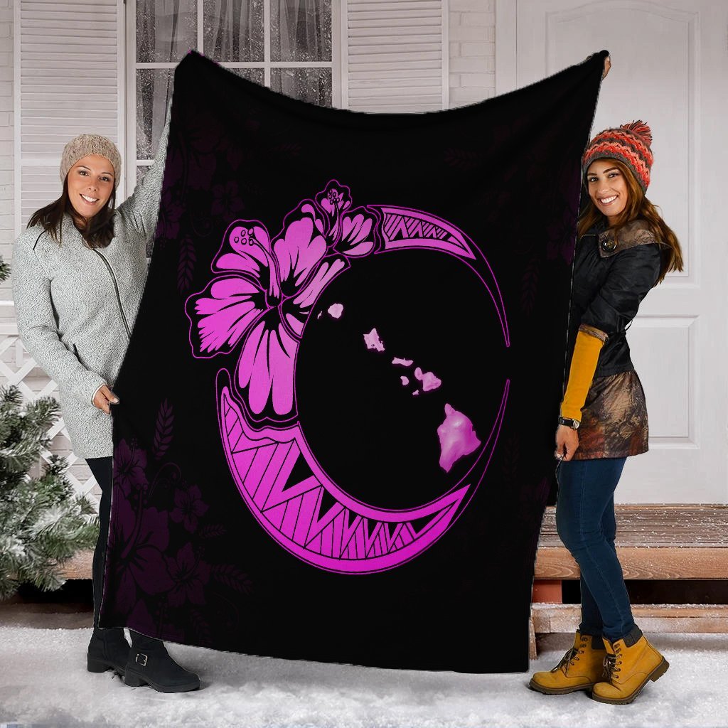 Hawaiian Map Hibiscus Turtle Polynesian Moon Premium Blankets Pink - AH - Polynesian Pride