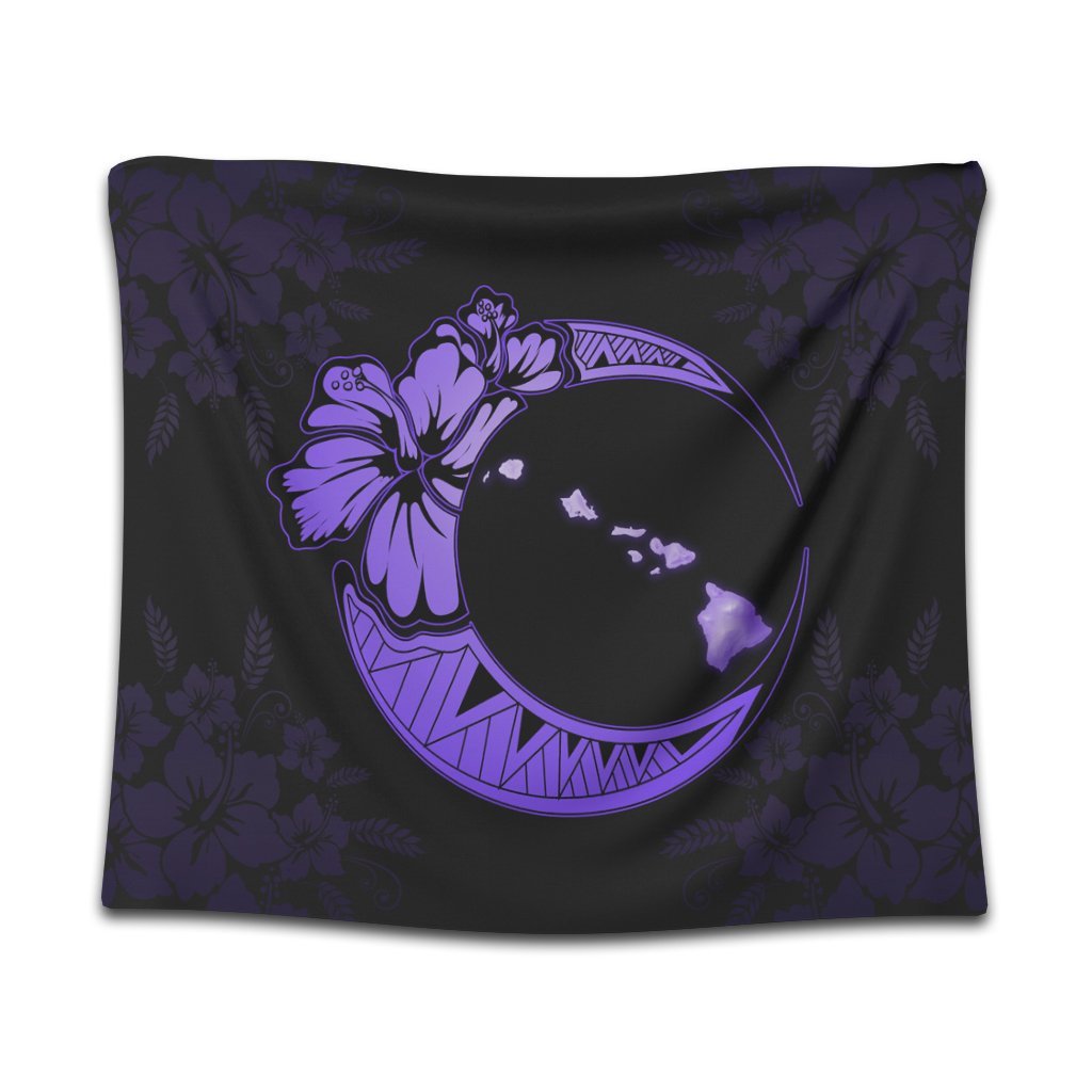 Hawaiian Map Hibiscus Turtle Polynesian Moon Tapestry Purple - AH Wall Tapestry Black - Polynesian Pride