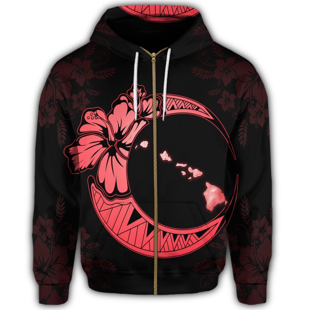 Hawaiian Map Hibiscus Turtle Polynesian Moon Zip Hoodie Red - Polynesian Pride