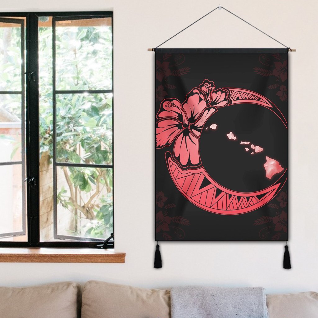 Hawaiian Map Hibiscus Turtle Polynesian Moon Hanging Poster Red - AH - Polynesian Pride
