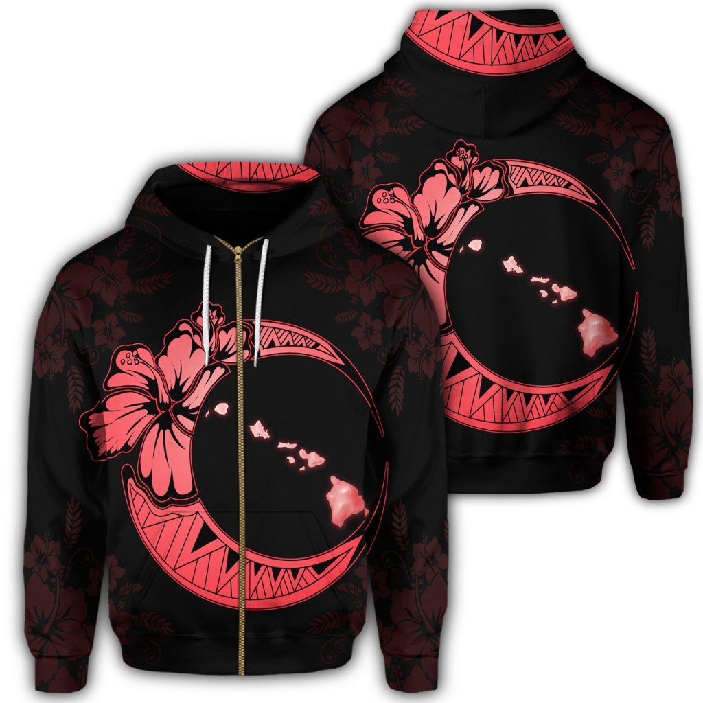 Hawaiian Map Hibiscus Turtle Polynesian Moon Zip Hoodie Red Unisex Art - Polynesian Pride