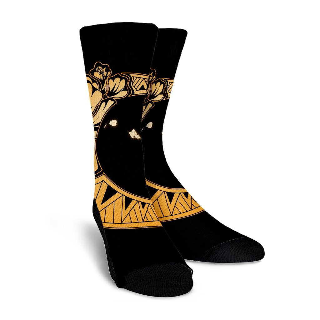 Hawaiian Map Hibiscus Turtle Polynesian Moon Crew Socks Yellow - AH - Polynesian Pride