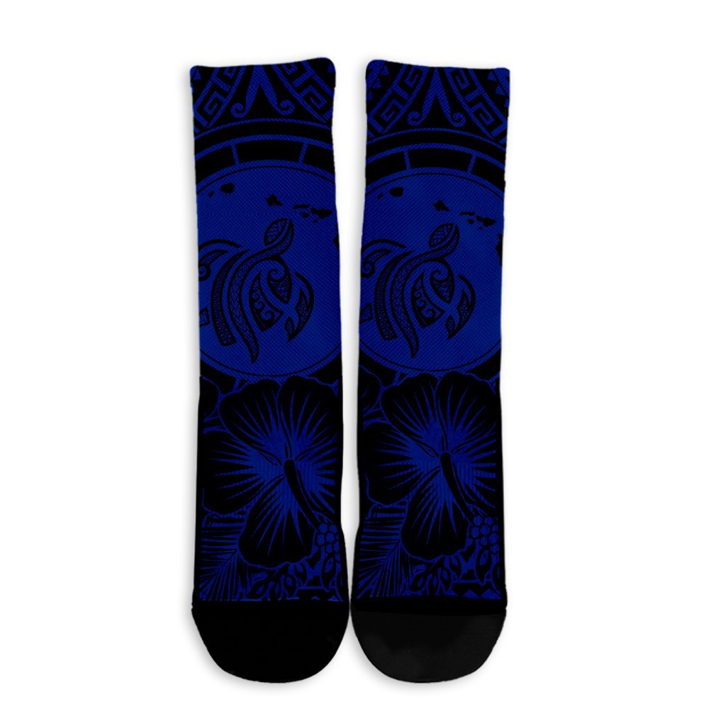 Hawaiian Map Honu Hibiscus Tropic Blue Polynesian Crew Socks - AH - Polynesian Pride